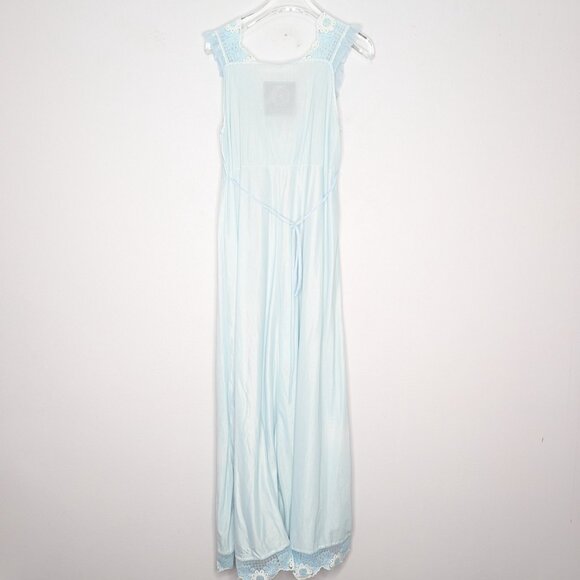 Vintage 1960's Baby Blue Sleeveless V-Neck Maxi Nightgown Floral Daisy Lace Trim - Picture 2 of 9